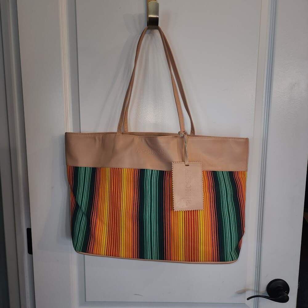 Arbonne Striped Tote Bag with Tan Leather Trim